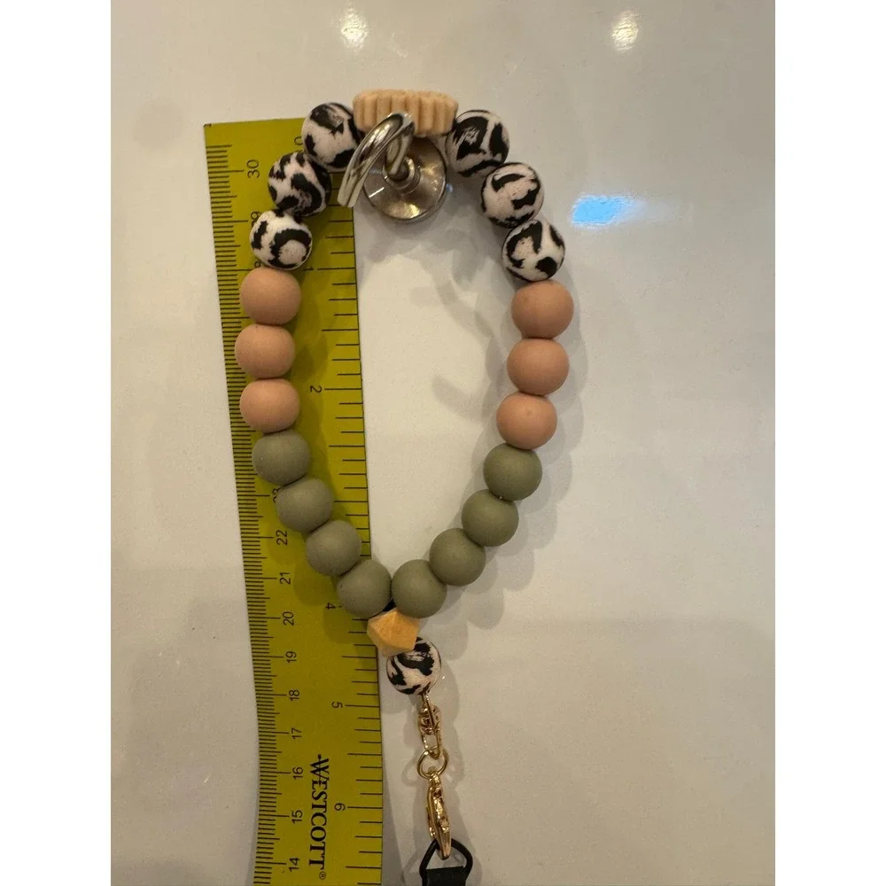 Silicone Bead Wristlet Keychain Leopard Print Sage Green Phone Tether Gold Clasp